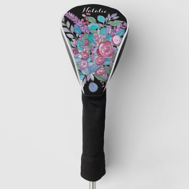 Colourful Black Floral Ladies Golf Head Cover (Front)
