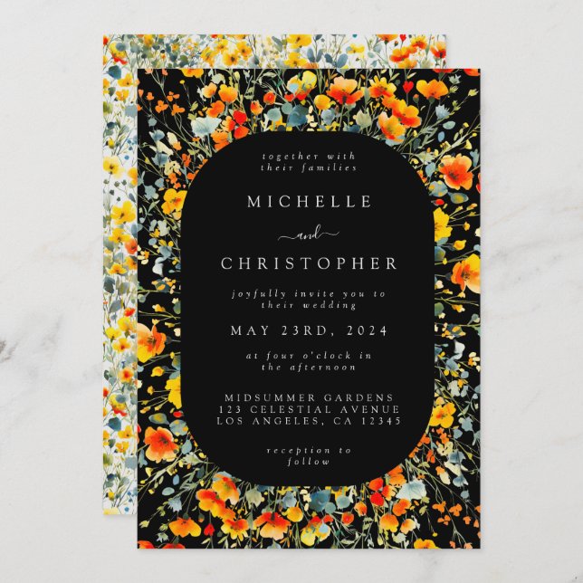 Colourful Black Floral Watercolor Wedding Invitation (Front/Back)