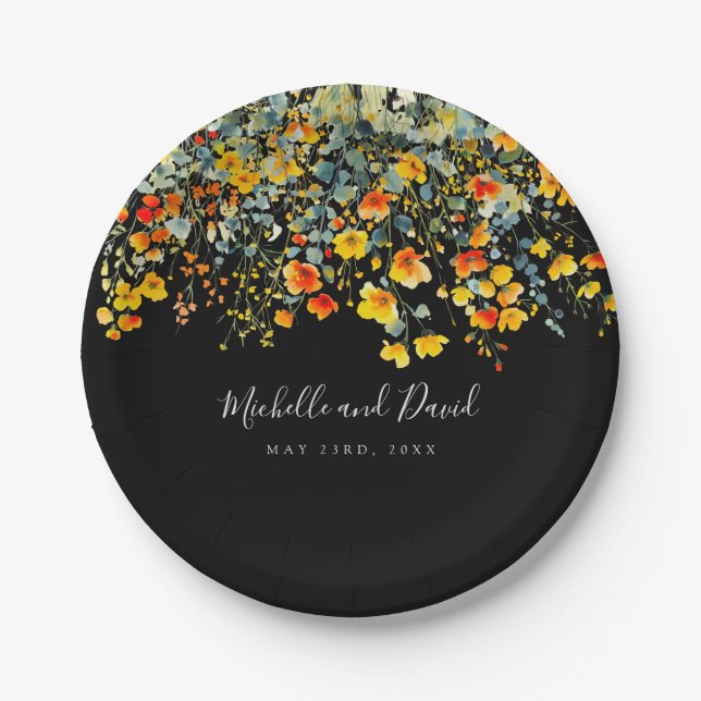 Colourful Black Floral Wedding Paper Plate (Front)