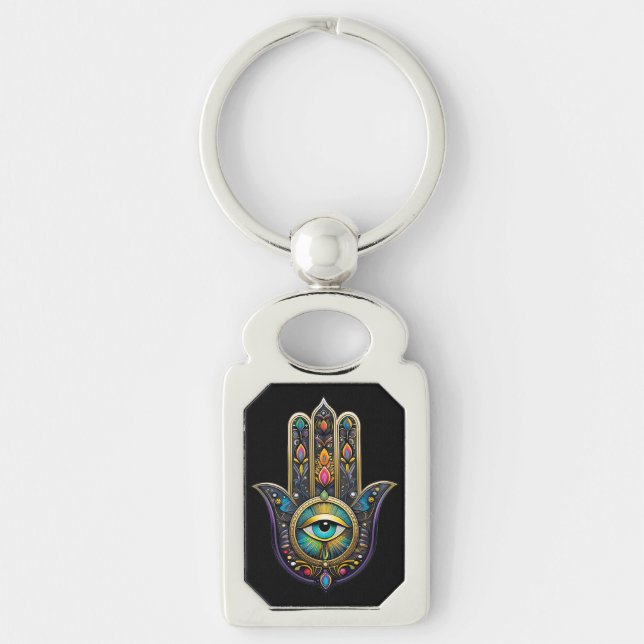 Colourful Black Gold Hamsa w/ Turquoise Third Eye Keychain (Front)