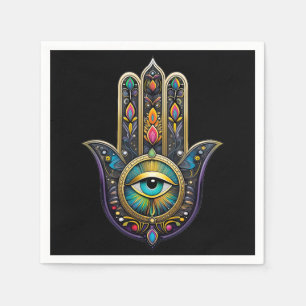 Colourful Black Gold Hamsa w/ Turquoise Third Eye Napkin