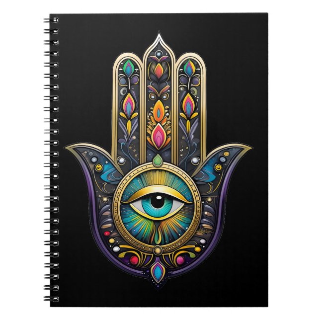 Colourful Black Gold Hamsa w/ Turquoise Third Eye Notebook (Front)