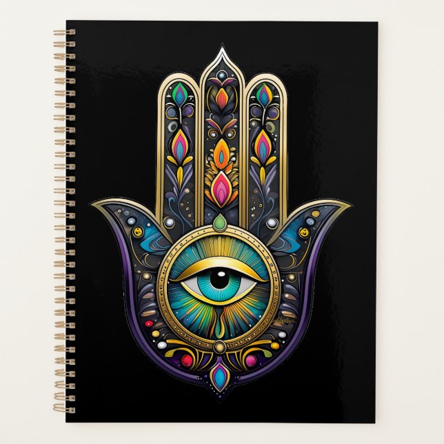 Colourful Black Gold Hamsa w/ Turquoise Third Eye Planner (Front)