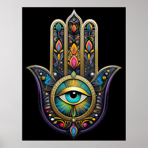 Colourful Black Gold Hamsa w/ Turquoise Third Eye Poster