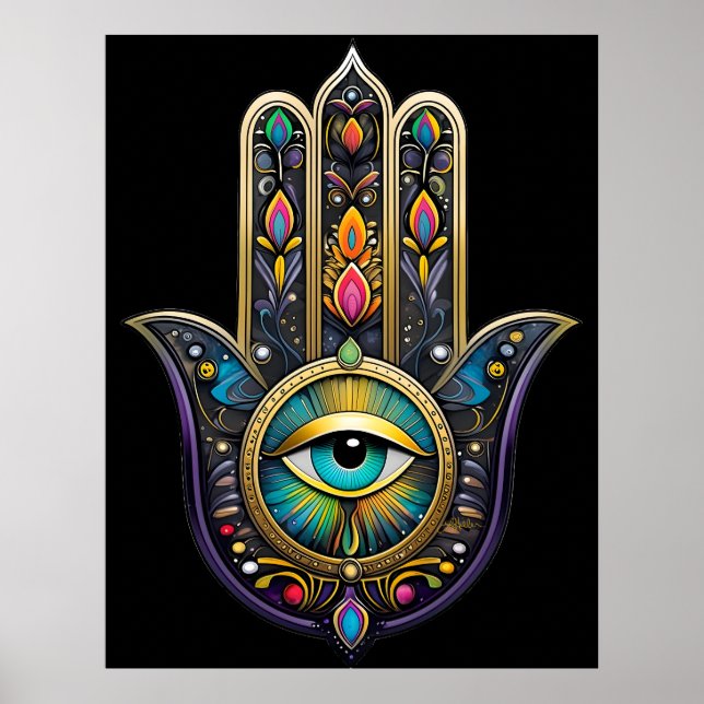 Colourful Black Gold Hamsa w/ Turquoise Third Eye Poster (Front)