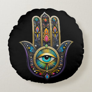 Colourful Black Gold Hamsa w/ Turquoise Third Eye Round Pillow