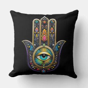 Colourful Black Gold Hamsa w/ Turquoise Third Eye Throw Pillow