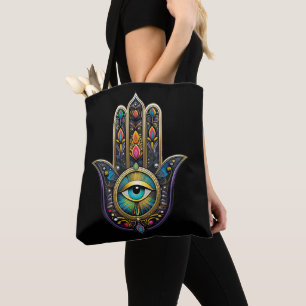 Colourful Black Gold Hamsa w/ Turquoise Third Eye Tote Bag