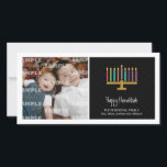 Colourful Black Menorah Hanukkah Holiday Card<br><div class="desc">Here's a fun graphic look for a Hanukkah photocard. A colourful menorah highlights a striped light blue panel with your special message underneath. Add a photo and customize the text as you like. Available in alternate colours with matching products.  



 



 


com</div>