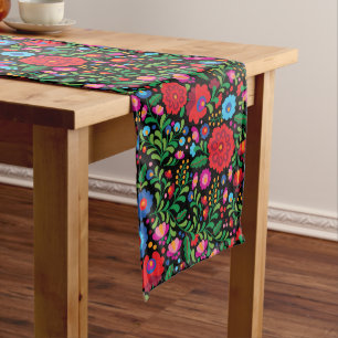 Colourful Black Mexican Embroidery Pattern Medium Table Runner