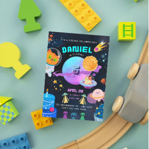 Colourful Black Space birthday invitation