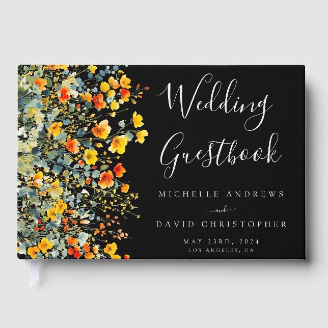 Colourful Black Watercolor Floral Wedding Guest Book (Front)