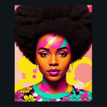 Colourful Black Woman Afro Pop Art Poster<br><div class="desc">This pop art style artwork features a beautiful black woman with a large afro,  70s aesthetic with some flower power and hoop earrings. A vibrant melanin beauty with natural hair in a bold,  multicolor digital art piece. Cyan,  magenta pink,  and yellow colour scheme with some peach.</div>