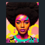 Colourful Black Woman Afro Pop Art Poster<br><div class="desc">This pop art style artwork features a beautiful black woman with a large afro,  70s aesthetic with some flower power and hoop earrings. A vibrant melanin beauty with natural hair in a bold,  multicolor digital art piece. Cyan,  magenta pink,  and yellow colour scheme with some peach.</div>