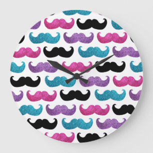 Colourful bling moustache pattern (Faux glitter) Large Clock