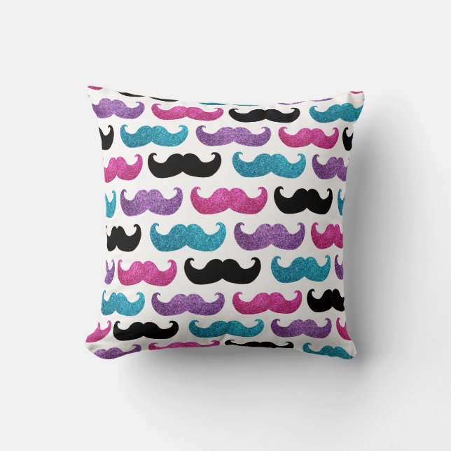 Colourful bling moustache pattern (Faux glitter) Throw Pillow (Front)