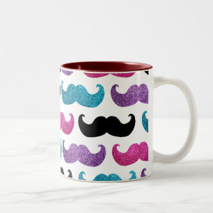 Colourful bling moustache pattern (Faux glitter) Two-Tone Coffee Mug