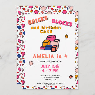 Colourful Block Brick Pattern Drawing Kids Birthda Invitation