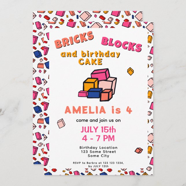 Colourful Block Brick Pattern Drawing Kids Birthda Invitation (Front/Back)