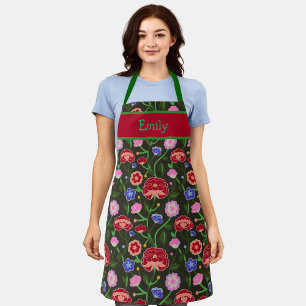 Colourful Block Print Peony Flowers Pattern Name Apron