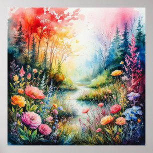 Colourful Blooming Meadow With a Serene Stream Poster