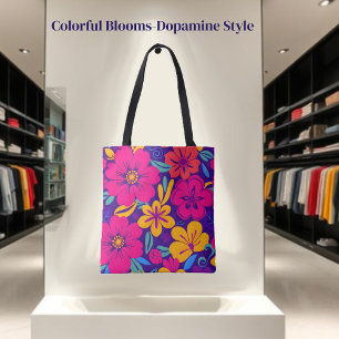 Colourful Blooms-Dopamine Style-Retro Flowers Tote Bag