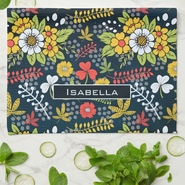 Colourful blossom floral pattern personalized name kitchen towel (Folded)