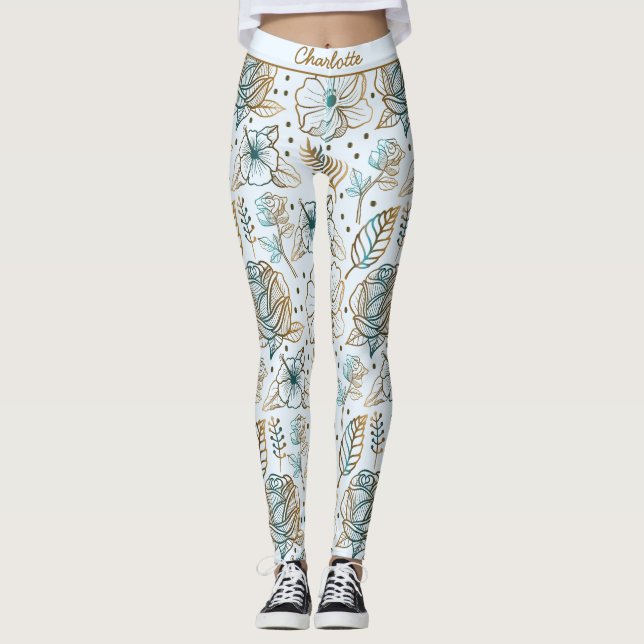 Colourful blossom floral pattern personalized name leggings (Front)