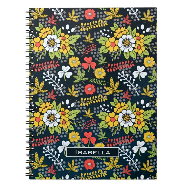 Colourful blossom floral pattern personalized name notebook (Front)