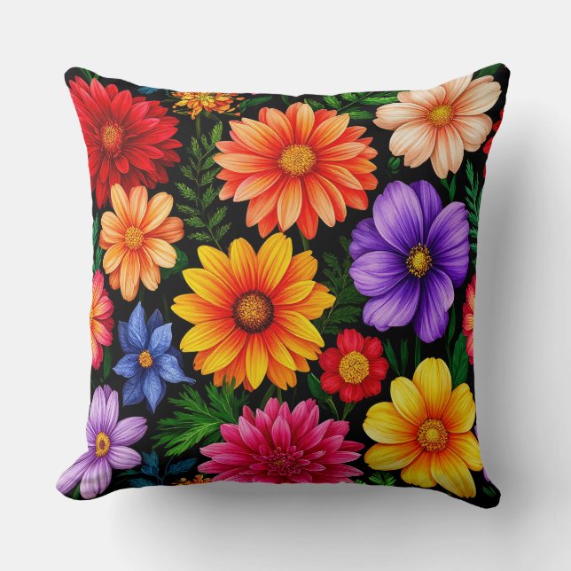 Colourful Blossoms on Black Background Throw Pillow (Front)