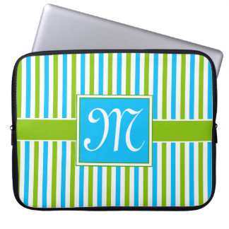 Colourful Blue and Green Stripe Pattern Monogram Laptop Sleeve