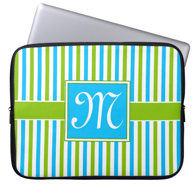 Colourful Blue and Green Stripe Pattern Monogram Laptop Sleeve (Front)