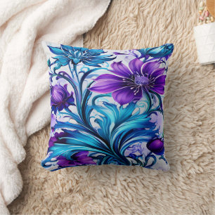 Colourful Blue and Purple Floral Art Throw Pillow