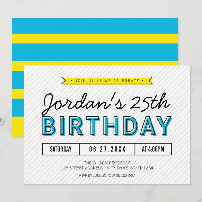 Colourful Blue and Yellow Any Age Modern Birthday Invitation (Front/Back)