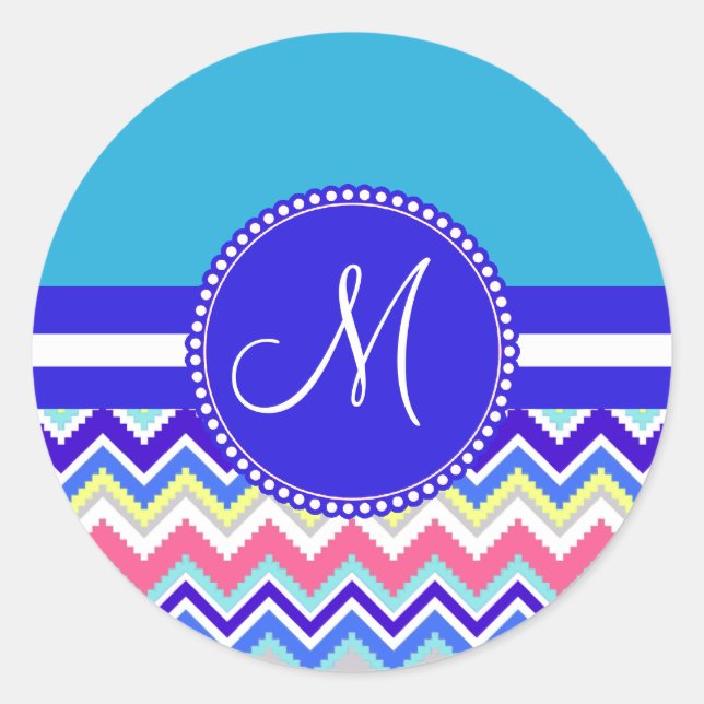 Colourful Blue Aztec Andes Chevron Zig Zags Classic Round Sticker (Front)