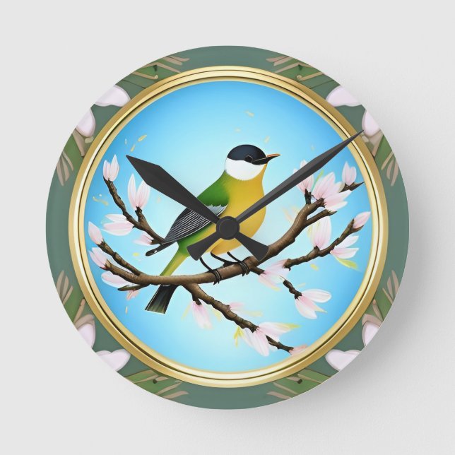 Colourful Blue Bird Perching on a Blossoming Branc Round Clock (Front)