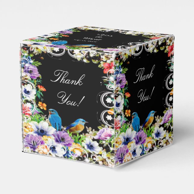 Colourful Blue Birds And Botanical Floral Favor Box (Front Side)