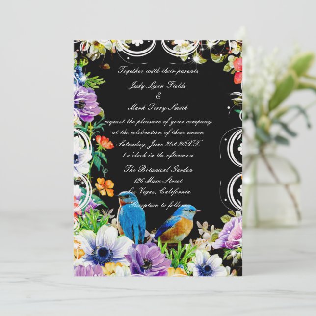 Colourful Blue Birds And Botanical Floral Invitation (Standing Front)