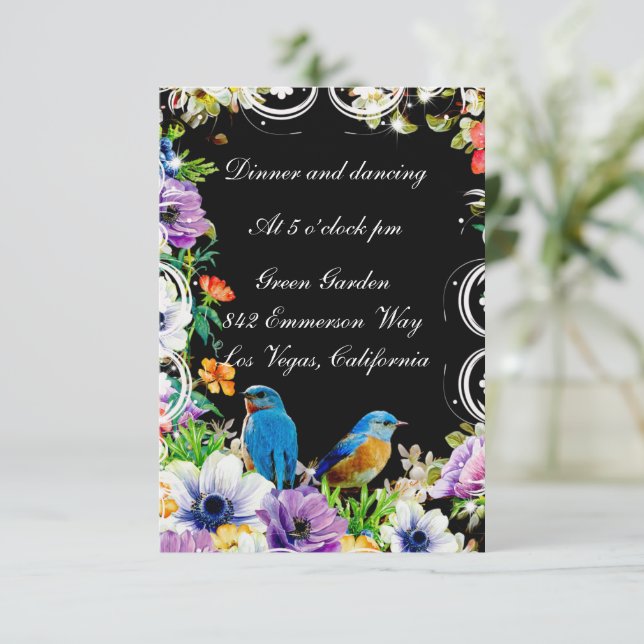 Colourful Blue Birds And Botanical Floral Receptio Invitation (Standing Front)