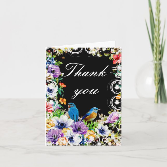 Colourful Blue Birds And Botanical Floral Thank Yo Thank You Card (Front)
