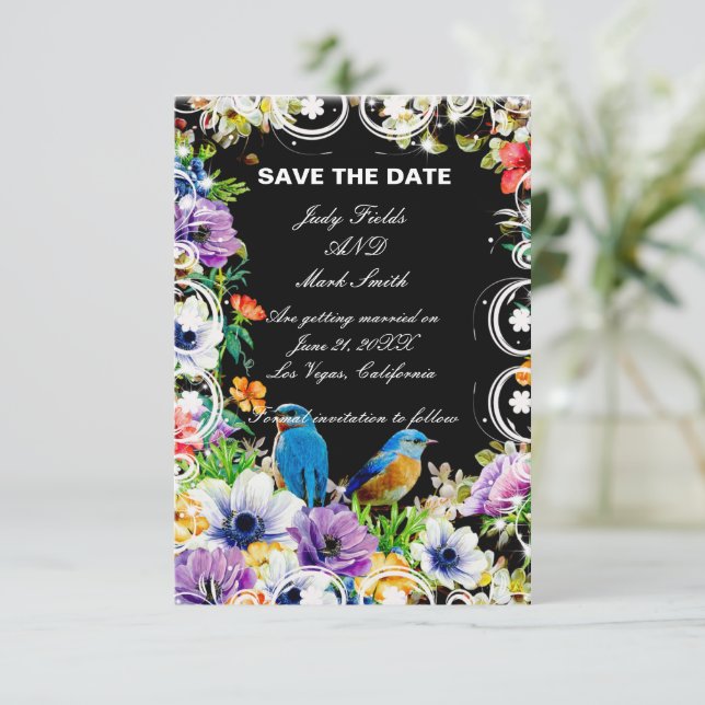 Colourful Blue Birds And Botanical Save The Date (Standing Front)