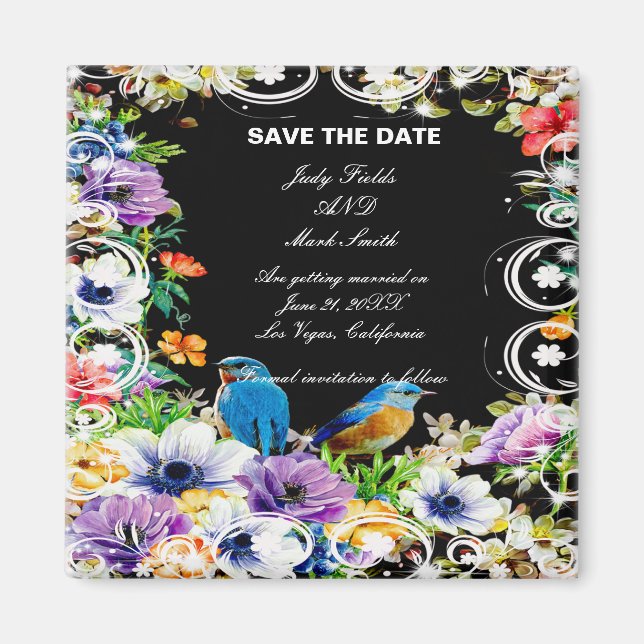 Colourful Blue Birds & Botanical Save The Date Magnet (Front)