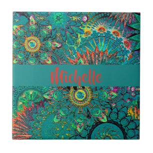 Colourful Blue Boheminan Boho Hippie Pattern Retro Tile