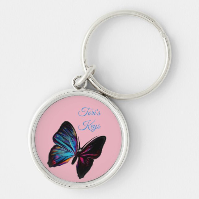 Colourful Blue Butterfly *Personalize* Keychain (Front)