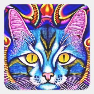 Colourful Blue Cat with Fierce Eyes Ai Art Square Sticker