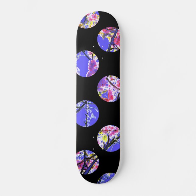 Colourful blue circles on black skateboard (Front)