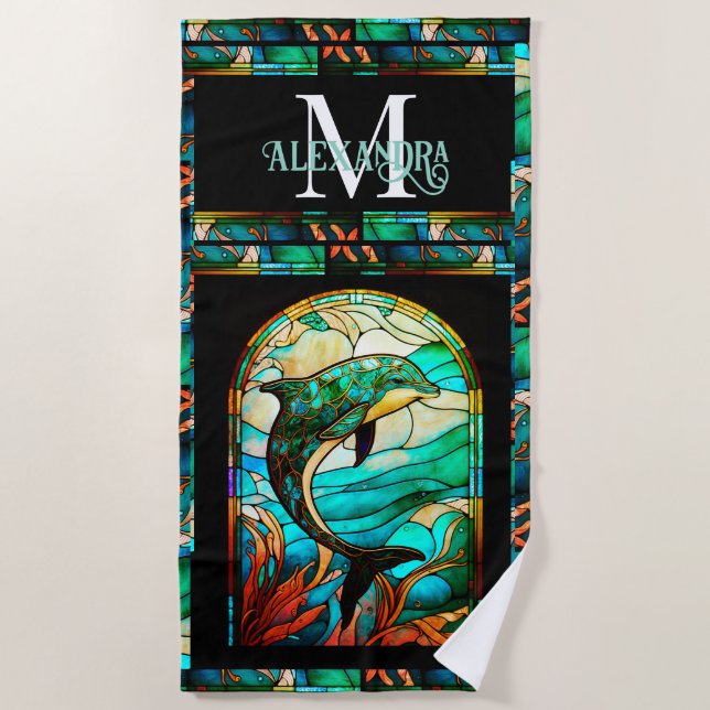 Colourful Blue Dolphin Look of Stained Glass Beach Towel (Front)