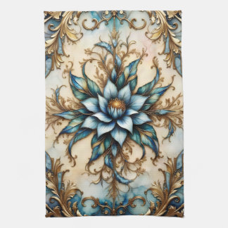 Colourful Blue floral and Gold Leaves Kitchen Towel