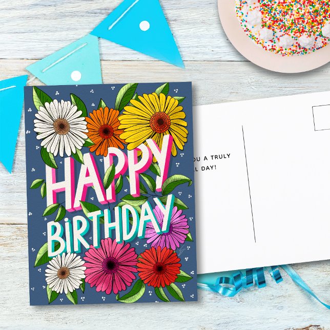 Colourful Blue Floral Personalized Happy Birthday Postcard (Creator Uploaded)