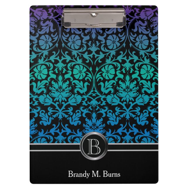 Colourful Blue, Green & Purple Floral Damask Clipboard (Front)